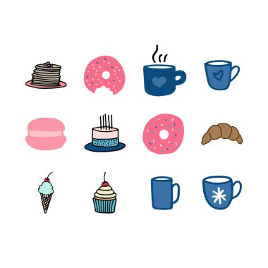 Set of hand drawn food icons isolated on a white background.Food doodles.Pancake,doughnut,macaron,birthday cake,ice cream, croissant,cupcake,hot chocolate,tea,coffee cup,mug icons.