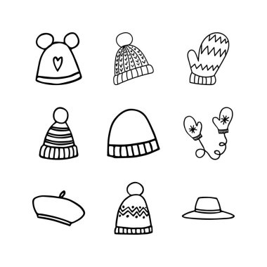 Set of hand drawn clothing items,accessories vector icons.Collection of clothing doodles.Beanie,pom pom hat,winter hat,mittens,gloves,fedora,beret icons for patterns,scrapbooks,planners.