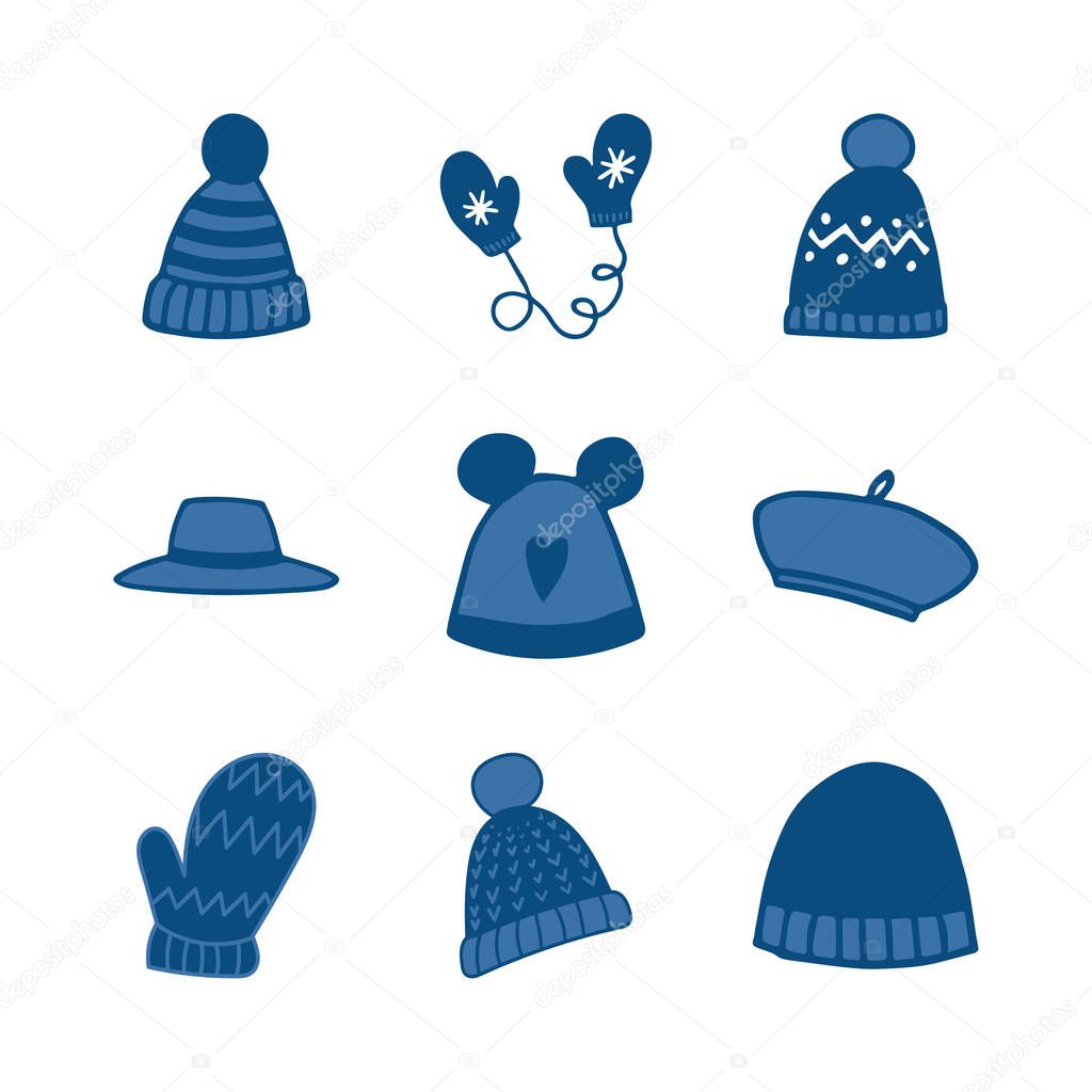 Set of hand drawn clothing items,accessories vector icons.Collection of clothing doodles.Beanie,pom pom hat,winter hat,mittens,gloves,fedora,beret icons for patterns,scrapbooks,planners.