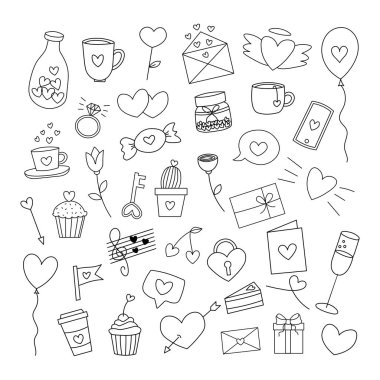 Sevgililer Günü için çizilmiş düz vektör simgeleri beyaz bir arkaplanda izole edildi. Sevgililer Günü karalamaları. Kalpler, kupalar, çiçekler, kapkekler, içkiler, mektuplar, balonlar, kilit, mesaj simgeleri..