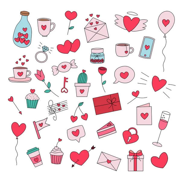 Set Hand Drawn Valentine Day Flat Vector Icons Isolated White — стоковый вектор