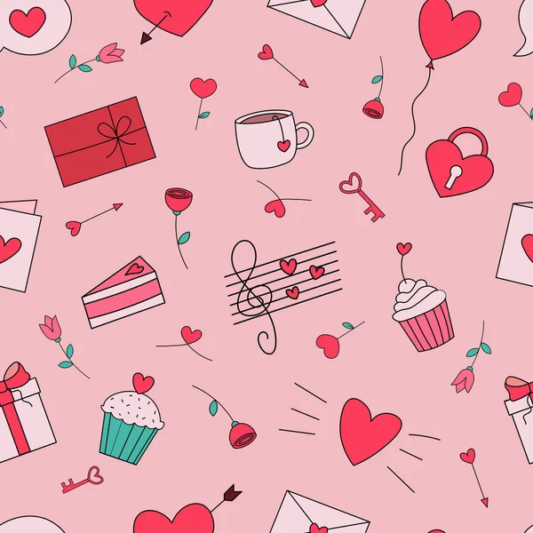 Valentijnsdag Naadloze Herhaling Patroon Gelukkige Valentijnsdag Achtergrond Valentijnsdag Pictogrammen — Stockvector