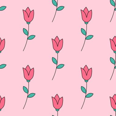 Lale çiçekleri kusursuz tekrar desenli. Pembe arka planda laleler, Sevgililer Günü kusursuz tekrarlı desenler..