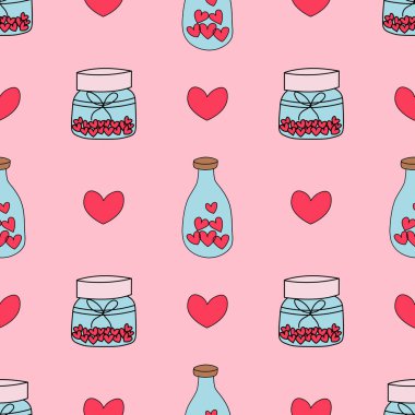 Kavanozlar, şişeler, kalpler kusursuz tekrar desenleri. Sevgililer Günü kusursuz tekrarlama kalıbı..