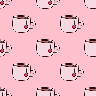Çay fincanları kusursuz tekrar desenli. Sevgililer Günü pürüzsüz tekrarlı desen. Pembe arka planda şirin vektör pembe bardakları..
