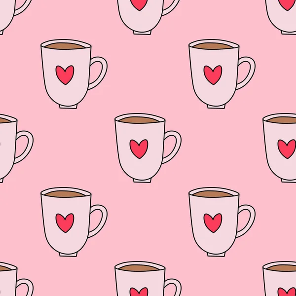 Coffee mugs seamless repeat pattern.Valentine's day seamless repeat pattern.Pink mugs on pink background.