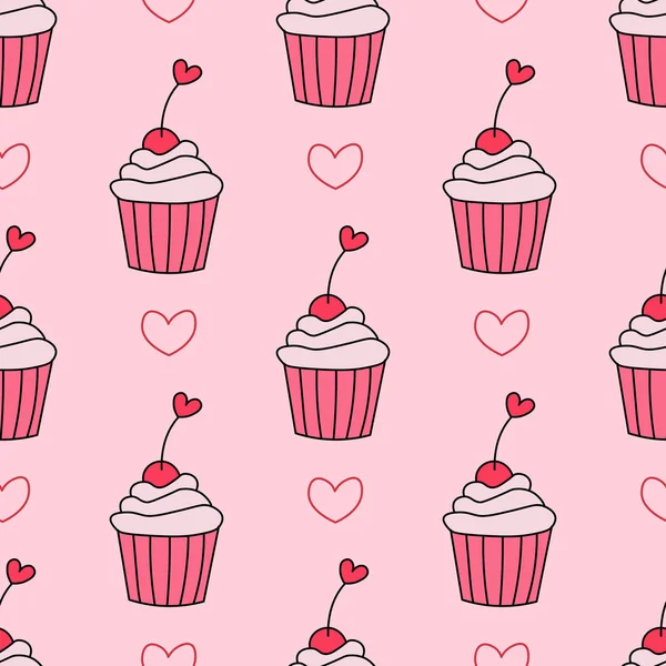 Cute Cupcakes Hearts Seamless Repeat Pattern Valentine Day Seamless Repeat — стоковый вектор