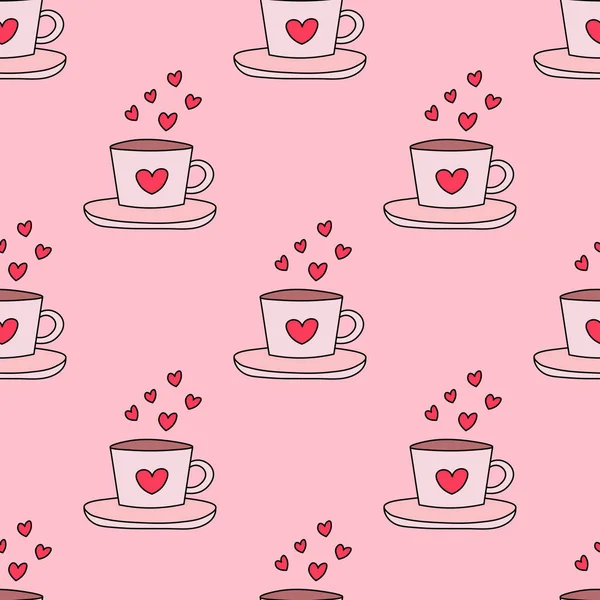Tea Cups Hearts Seamless Repeat Pattern Valentine Day Seamless Repeat — 스톡 벡터