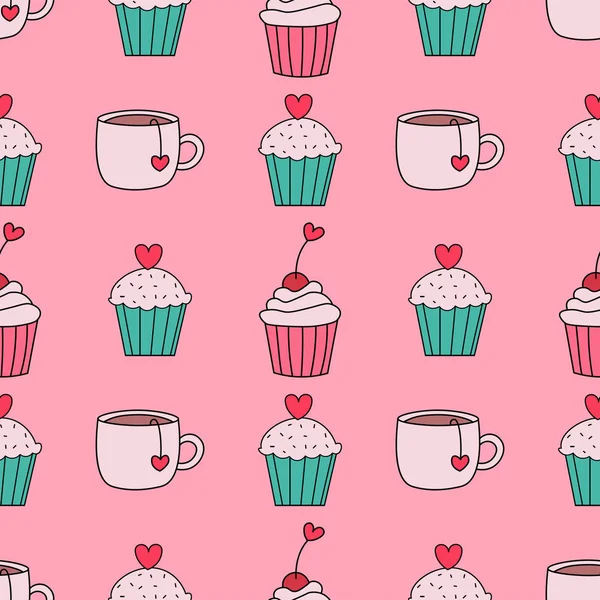 Cupcakes Muffins Tea Cups Seamless Repeat Pattern Valentine Day Pattern — стоковый вектор