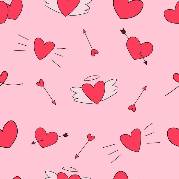 Hand Drawn Red Hearts Seamless Repeat Pattern Valentine Day Pattern — 스톡 벡터