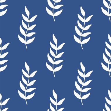 Kusursuz tekrarlayan vektör deseni bırakır. Mavi arkaplanda beyaz yapraklar, yılın rengi .