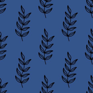 Kusursuz tekrarlama vektör deseni bırakır. Mavi arkaplanda siyah yapraklar, yılın rengi .