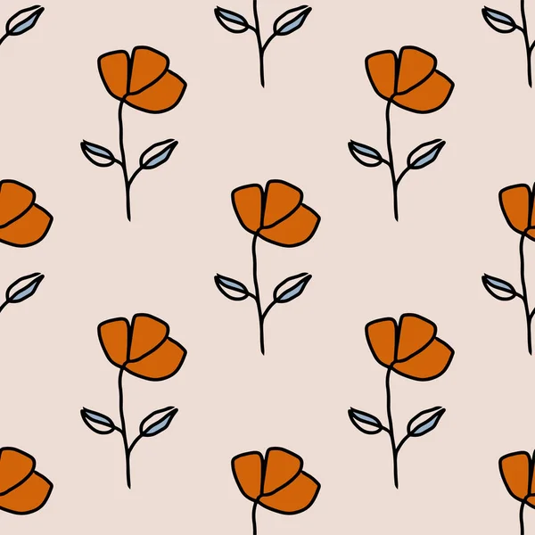 Hand Drawn Orange Flowers Seamless Repeat Pattern Wrapping Paper — Stock Vector