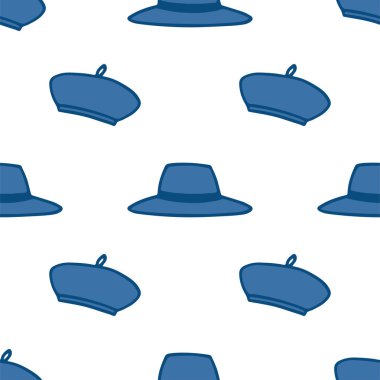 Fedora şapkaları ve bere şapkaları. Sarma kâğıtları, duvar kağıtları, baskılar için pürüzsüz tekrar deseni..
