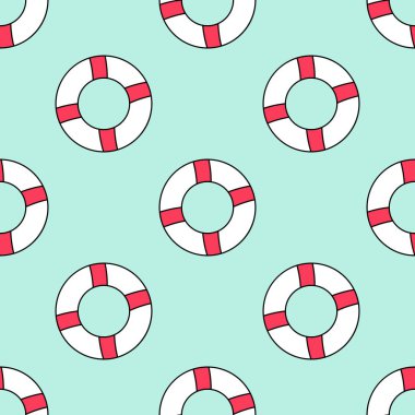 Lifebuoylar kağıt, iz, kumaş paketlemek için kusursuz vektör deseni. Pastel mavi arka planda yaşam şamandıraları olan desen.