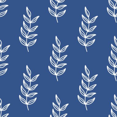 Kusursuz tekrarlayan vektör deseni bırakır. Mavi arkaplanda beyaz yapraklar, yılın rengi .