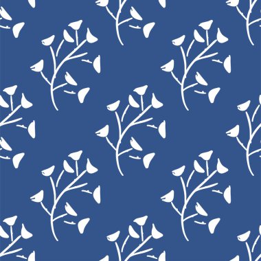 Yaban çiçekleri, tekrar eden vektör desenleri. Mavi arka planda beyaz çiçekler, yılın rengi..