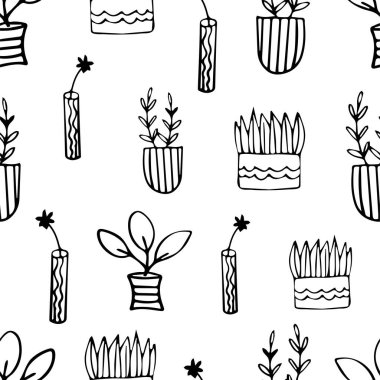 El çizimi ev bitkileri çömleklerde çiçekler vazolarda pürüzsüz vektör desenleri ambalaj kağıtları, baskılar.