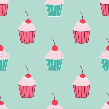 Şirin kekler, kirazlı kekler. Kağıt, parmak izi, kumaş ambalajı için kusursuz tekrarlama kalıbı..