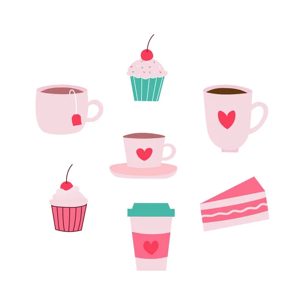 Set Mugs Sweets Flat Vector Icons Isolated White Background Coffee — Stock Vector