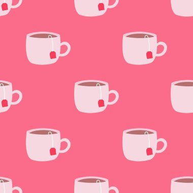 Çay fincanları kusursuz tekrarlar. Pembe arka planda şirin vektör pembe bardaklar..