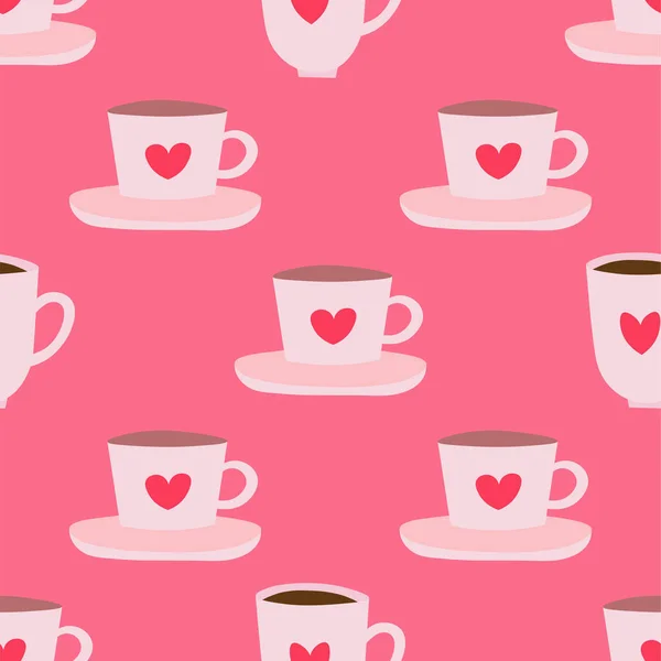 茶杯和咖啡杯无缝重复模式 情人节无缝重复模式 粉色背景上可爱的矢量粉色杯子 — 图库矢量图片