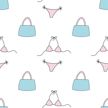 Pembe bikiniler ve mavi çantalar kağıt ve baskı için vektör desenlerini kusursuz bir şekilde tekrarlıyorlar..