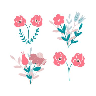 Beyaz bir arka planda izole edilmiş el çizimi vektör deseni çizimleri. Şakayık, papatya, papatya çiçekleri ve tebrik kartları, davetiyeler, desenler için resimler..