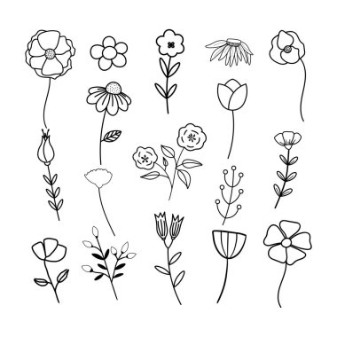 El çizimi vektör çizimleri beyaz bir arkaplanda izole edilmiş. Şakayık, lale, papatya, papatya, davetiyeler için kır çiçekleri, tebrik kartları, desenler..