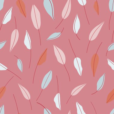 El çizimi kağıtlar, kumaşlar, tekstil, duvar kağıtları için kusursuz tekrar vektör deseni bırakır. Pembe arkaplanda mavi, pembe ve beyaz yapraklar..