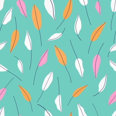 El çizimi kağıtlar, kumaşlar, tekstil, duvar kağıtları için kusursuz vektör deseni bırakır. Yeşil arka planda beyaz, turuncu ve pembe yapraklar..