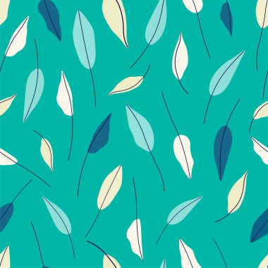 El çizimi kağıtlar, kumaşlar, tekstil, duvar kağıtları için kusursuz tekrar vektör deseni bırakır. Yeşil arka planda sarı, beyaz ve mavi yapraklar..