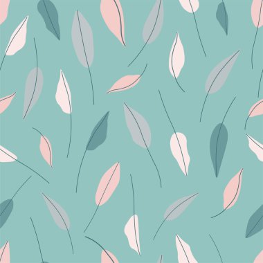 El çizimi kağıdın, kumaşın, tekstilin, duvar kağıdının, botanik vektör deseninin, yeşil arka planda yeşil, beyaz, gri ve pembe yapraklar için kusursuz tekrar vektör deseni bırakır..
