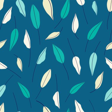 El çizimi kağıtlar, kumaşlar, tekstil, duvar kağıtları için kusursuz tekrar vektör deseni bırakır. Botanik vektör deseni. Mavi arka planda sarı, beyaz ve yeşil yapraklar..