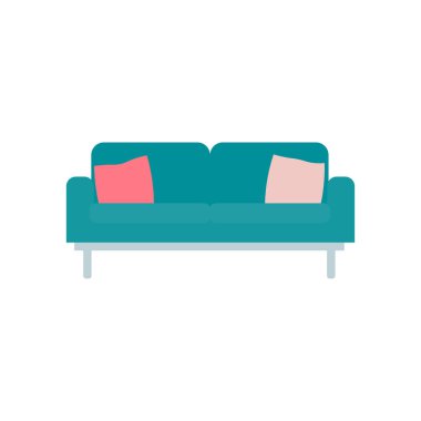 Üzerinde yastıklar olan pastel yeşili renkli kanepe beyaz arkaplanda izole edilmiş düz vektör çizimi.