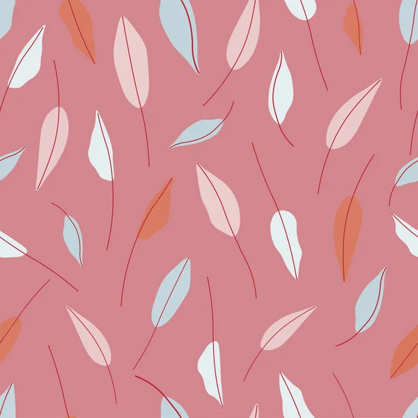 手描きは 壁紙を包むためのシームレスな繰り返しベクトルパターンを残します 植物ベクトルパターンピンクの背景にパステルブルー ピンクと白の葉 — ストックベクタ