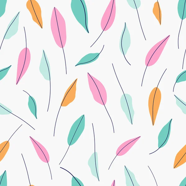 Hand drawn leaves seamless repeat vector pattern for wrapping paper,fabrics,textile,wallpaper.Botanical vector pattern.Green,orange,pink leaves on a white background.