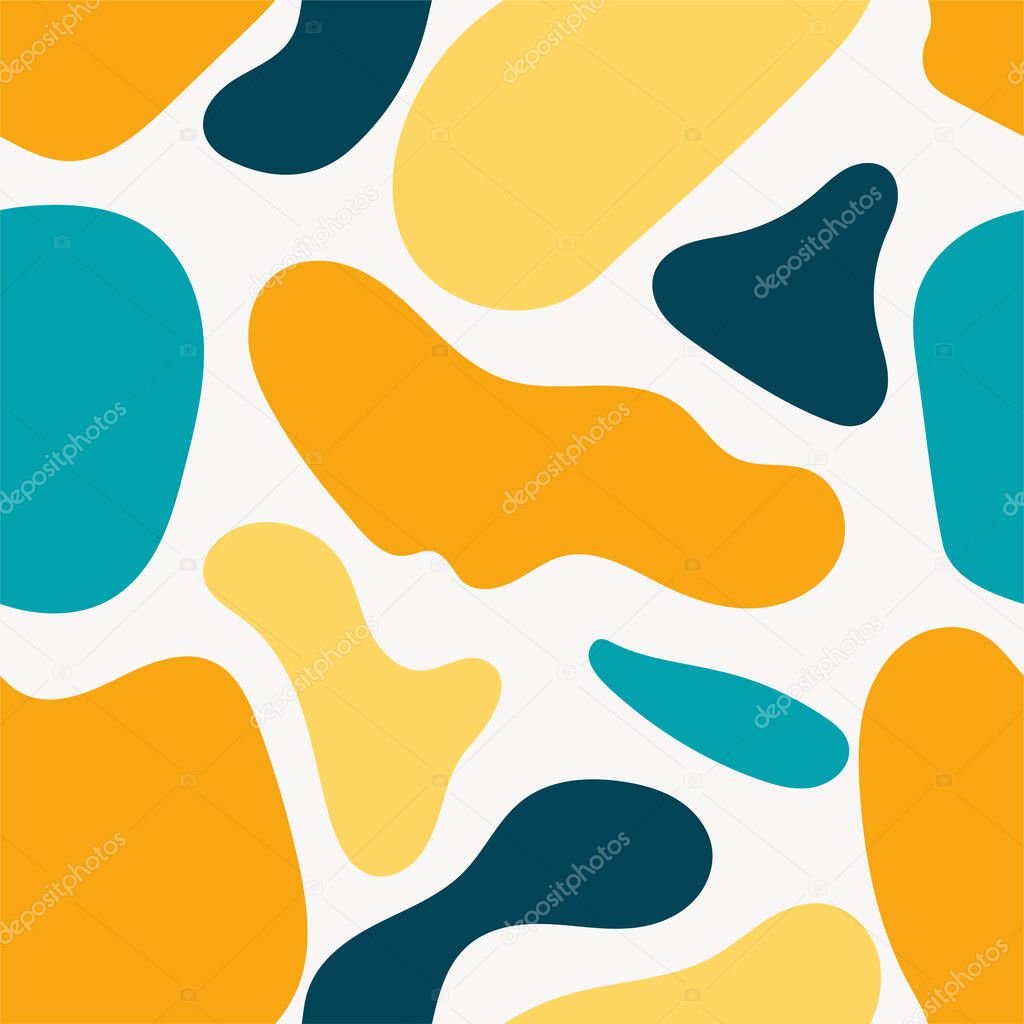 Abstract liquid shapes seamless repeat vector pattern.Hand drawn various shapes. Contemporary modern trendy vector illustrations.Green,yellow and blue liquid shapes on white background.