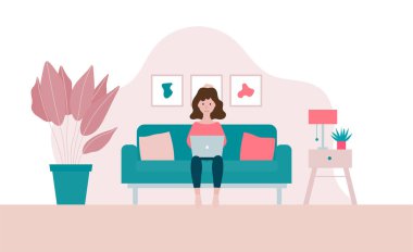 Woman sitting on a sofa with laptop flat vector illustration isolated on a white background.Studying or freelance concept.Girl working from home.Stay at home concept. clipart