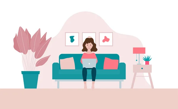 Frau Sitzt Auf Einem Sofa Mit Laptop Flachen Vektor Illustration — Stockvektor