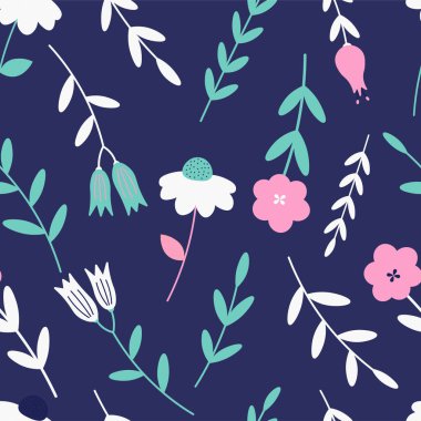 Renkli çiçekler ve yapraklar ambalaj kağıdı, parmak izi, kumaş, tekstil için tekrarsız desen. Daisy, papatya, papatya, lale vektör çiçekleri donanma arka planında..