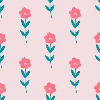 Şirin çiçekler, ambalaj kağıdı, duvar kâğıdı, kumaş, parmak izi için kusursuz vektör deseni. Pembe arka planda kırmızı çiçekler..