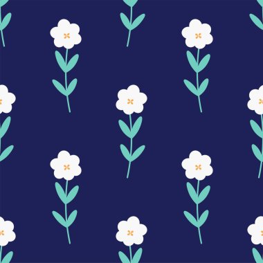 Şirin çiçekler, ambalaj kağıdı, duvar kağıdı, kumaş, baskılar için kusursuz vektör deseni. Donanma arka planında beyaz çiçekler..