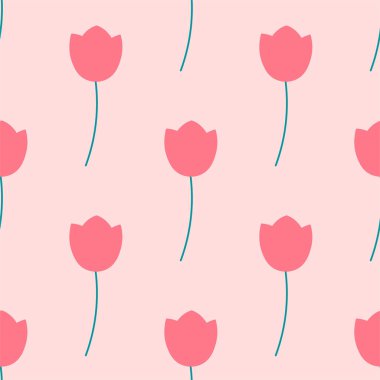 Pembe lale çiçekleri, ambalaj kağıdı, parmak izi, kumaş, tekstil, duvar kağıdı için pürüzsüz tekrarlar. Pembe arka planda pembe lale çiçekleri..
