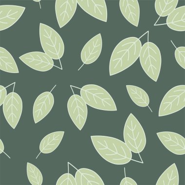 El çizimi, ambalaj kağıdı, kumaş, tekstil, duvar kağıdı için kusursuz bir vektör deseni bırakır. Botanik vektör deseni. Koyu yeşil arka planda yeşil yapraklar..