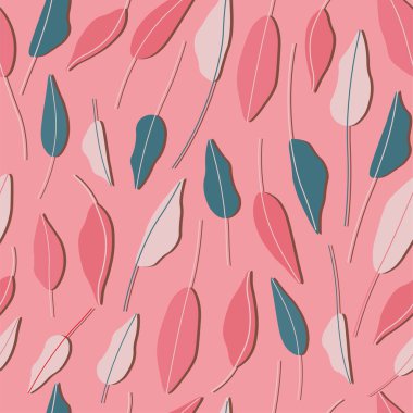 El çizimi, ambalaj kağıdı, kumaş, tekstil, duvar kağıdı gibi pürüzsüz vektör kalıpları bırakır. Pembe arka planda pembe ve yeşil yapraklar..