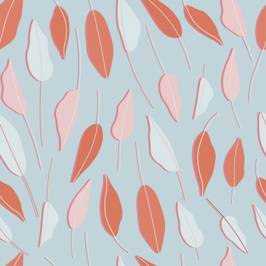 El çizimi kağıtlar, kumaşlar, tekstil, duvar kağıtları için kusursuz tekrar vektör deseni bırakır. Botanik vektör deseni. Turuncu, mavi arka planda pembe yapraklar..