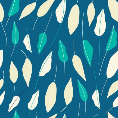 El çizimi kağıtlar, kumaşlar, tekstil, duvar kağıtları için kusursuz tekrar vektör deseni bırakır. Botanik vektör deseni. Mavi arka planda sarı, beyaz ve yeşil yapraklar..