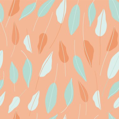 El çizimi kağıtlar, kumaşlar, tekstil, duvar kağıtları için kusursuz tekrar vektör deseni bırakır. Botanik vektör deseni. Turuncu, turuncu arka planda yeşil yapraklar..