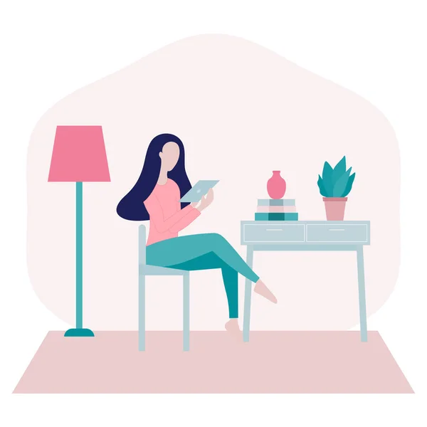 在Covid 19流行期间 年轻女性坐在家里的椅子上上网 用平板电脑在网上购物 处于自我隔离和社交疏远的时期 — 图库矢量图片